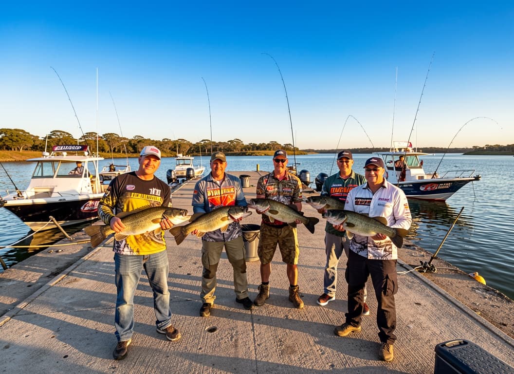 Bass anglers at a tournament weigh-in on a South African dam