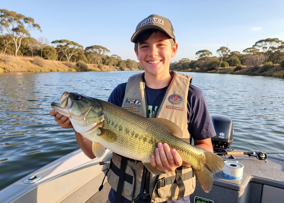 Junior angler with a trophy bass on the water
